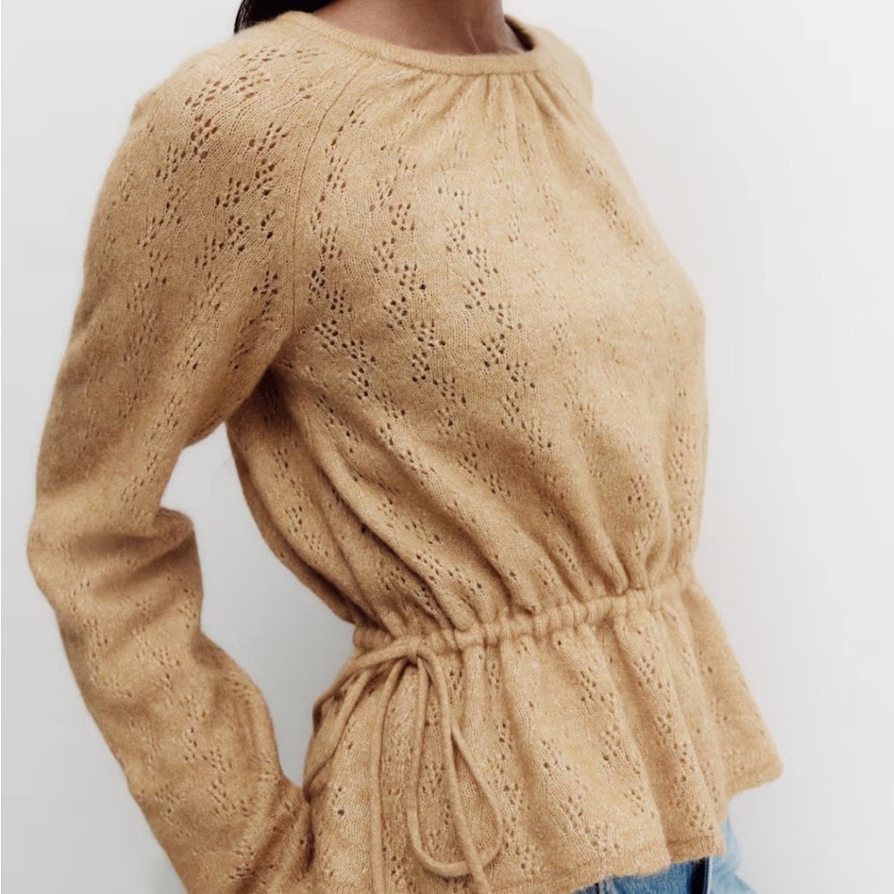 NEW H&M Pointelle-Knit Peplum Top Beige Size Medium - Picture 5 of 11